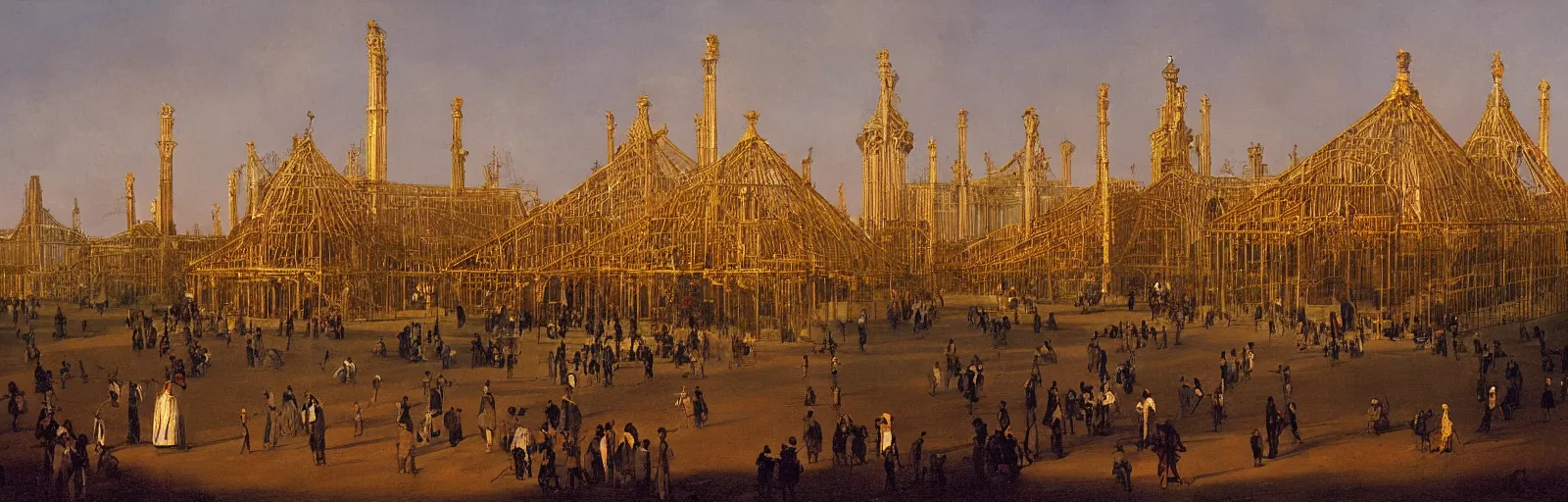 Image similar to a color photograph of the crystal palace, london exhibition of 1 8 5 1, golden hour,