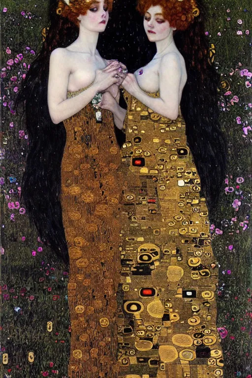 Image similar to two beautiful young gothic maidens, angel and demon, kiss, highly detailed, artstation, illustration, art by Gustav Klimt