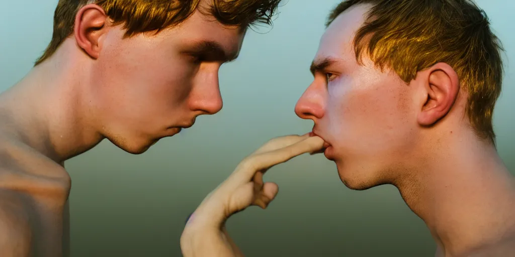 Prompt: portrait of a handsome young man kissing with moody lighting golden hour highly detailed sharp zeiss lens 1. 8 high contrast wolfgang tillmans ryan mcginley david armstrong