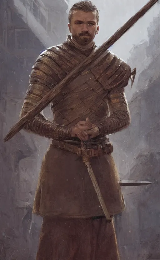 Prompt: Portrait of a medieval guard holding a spear, male, detailed face, fantasy, highly detailed, cinematic lighting, digital art painting by greg rutkowski