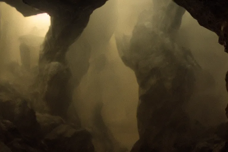 Prompt: VFX movie closeup of a futuristic inhuman monster in underground cave by Emmanuel Lubezki