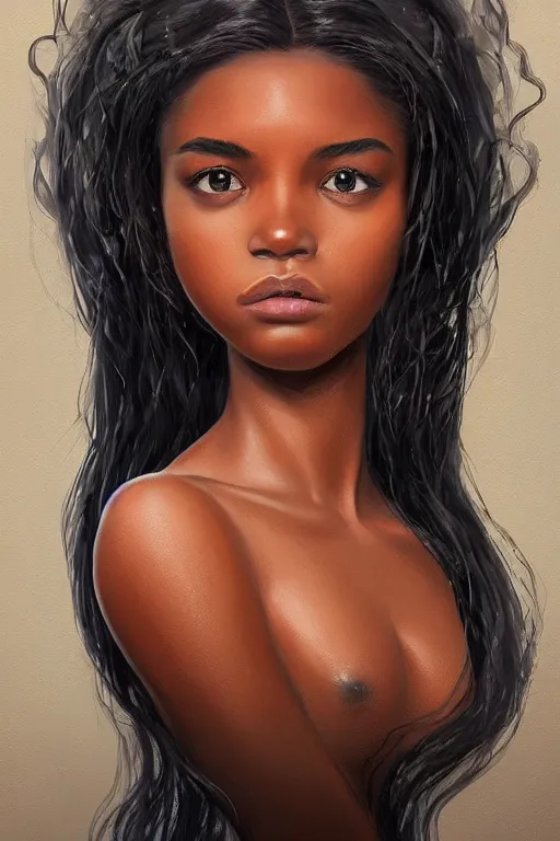 Prompt: A bust of a beautiful black skinned Australian indigenous girl with large lips and smooth eyebrows and straight hair, HD, illustration, epic, fantasy, intricate, elegant, amazing detail, digital painting, artstation, concept art, smooth, sharp focus, illustration, art by Turine Tran