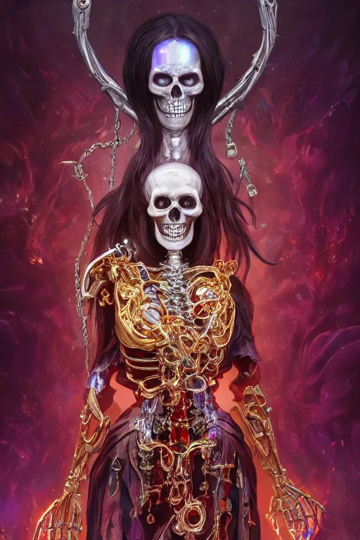 Image similar to woman lich skeleton made of iridescent aether and shiny gems covered with blood, long red hair, golden necklace, ultra realistic, concept art, intricate details, highly detailed, photorealistic, octane render, 8 k, unreal engine. dnd art by artgerm and greg rutkowski and alphonse mucha