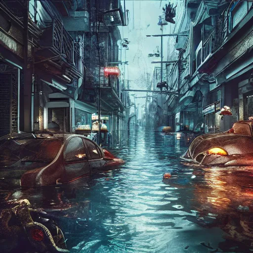 Image similar to A city street under water, horror, liminal, hyper detailed, dramatic lighting, CGsociety, realistic, flood, fish, hyper detailed, insane details, intricate, dramatic lighting, hypermaximalist, golden ratio, rule of thirds, octane render, weta digital, micro details, ultra wide angle, Artstation trending, 8k,