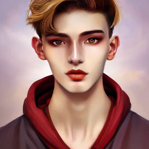 Prompt: colorful Captivating teenage boy with brown blond short quiff hair and thin facial structure with cleft chin, good definition of cheekbones, Alert eyes, narrow face, brown eyes with red eye markers, slim body, wearing a detailed Japanese kimono with golden details, atmospheric lighting, painted, intricate, 4k, highly detailed by Charlie Bowater