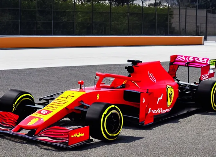 Image similar to live action photo of the 2 0 2 1 f 1 ferrari car, with clown make up livery, 8 k, hdr, sports photography