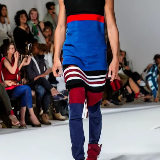 Image similar to dystopian fashion incorporating red white and blue, brutalist fashion show