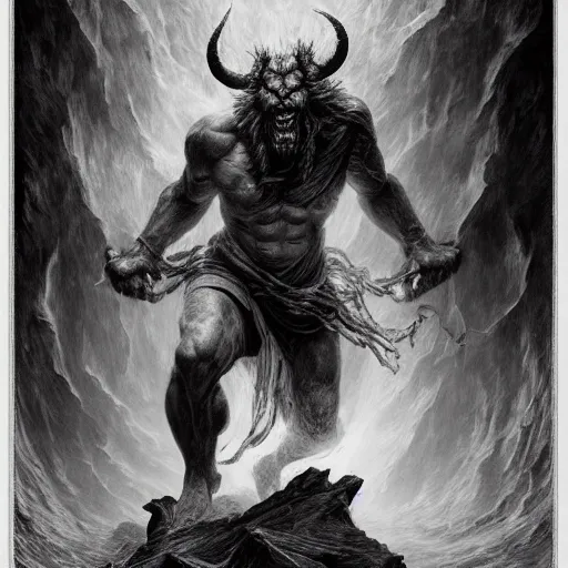 Image similar to full body, grayscale, muscled humanoid balrog demon, horns, claws, large horned tail, heroic pose, flames, fire, tarot, Gustave Dore, Greg Rutkowski,