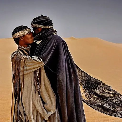 Image similar to a sand wraith kissing a handsome tuareg. Amazing detailed movie still