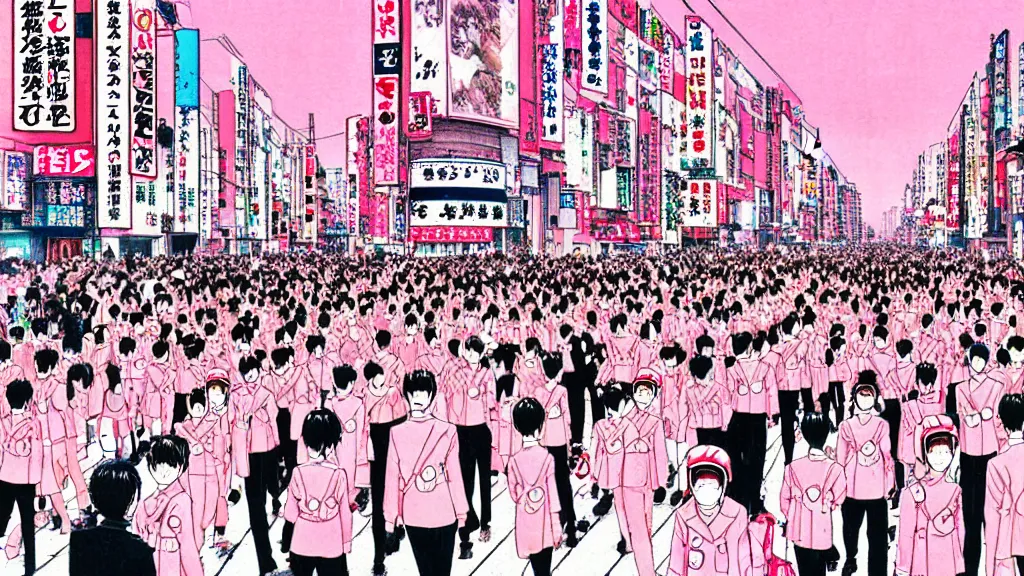 Prompt: manga drawing of a parade on the streets Tokyo everyone is dressed in pink and wearing pig masks, film still from the an anime directed by Katsuhiro Otomo with art direction by Salvador Dalí, wide lens