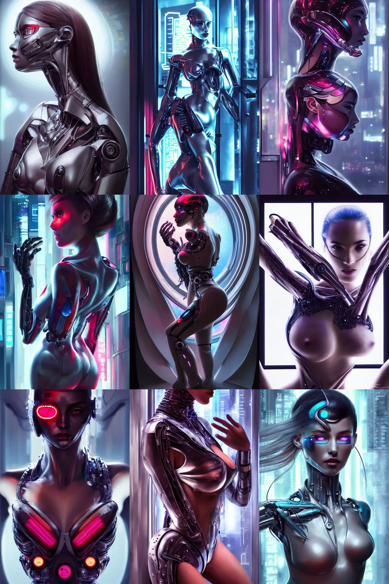 Prompt: stunning concept illustration, beautiful alluring cyborgs on display in display windows in futuristic tokyo redlight district, gorgeous face, smooth skin, pinup figure, cyberpunk, sci - fi, fantasy, intricate, elegant, highly detailed, digital painting, artstation, concept art, smooth, sharp focus, beautiful matte painting, art by artgerm and greg rutkowski and alphonse mucha