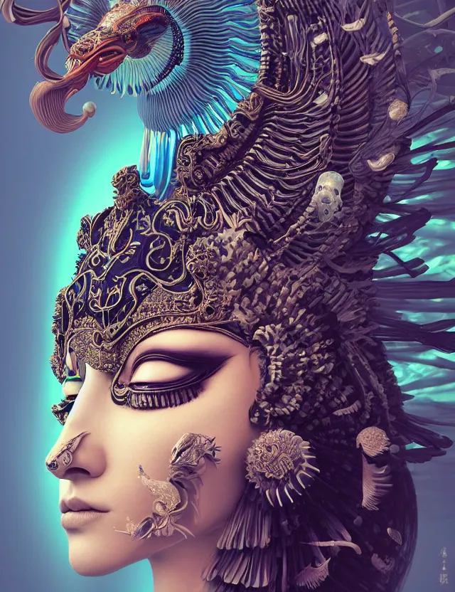 Image similar to 3 d goddess close - up portrait with crown, ram skull. beautiful intricately detailed japanese crow kitsune mask and clasical japanese kimono. betta fish, jellyfish phoenix, bioluminescent, plasma, ice, water, wind, creature, artwork by tooth wu and wlop and beeple and greg rutkowski