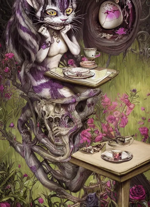 Image similar to Cheshire Cat drinking tea with Alice in wonderland,death tarot card,highly detailed,half skull face,cinematic,8k,by Stanley Artgermm,Tom Bagshaw,Greg Rutkowski,Carne Griffiths, Ayami Kojima, Beksinski, Giger,trending on DeviantArt,hyper detailed,horror, full of colour