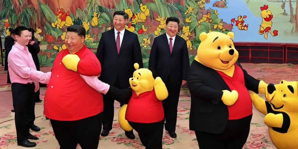 Prompt: shirtless obese xi jinping shaking hand with winnie the pooh