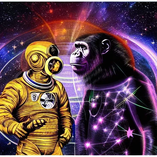 Image similar to double exposure portrait of astronaut and a chimpanzee astronaut with space and time in the the background by davinci, circles, psychedelic, pencil art, fibonaci sequence, dynamic lighting stars, sharpness, golden ratio