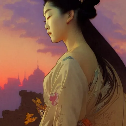 Image similar to matte painting of a geisha on sunset, alphonse mucha, james gurney, greg rutkowski, john howe, artstation