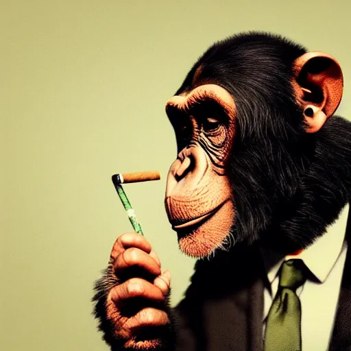 Image similar to a high detail photo of an antropomorphic chimp wearing a suit smoking a cigarrette, subject= chimp, subject detail: wearing a suit, subject action: smoking a cigarrette photorealism