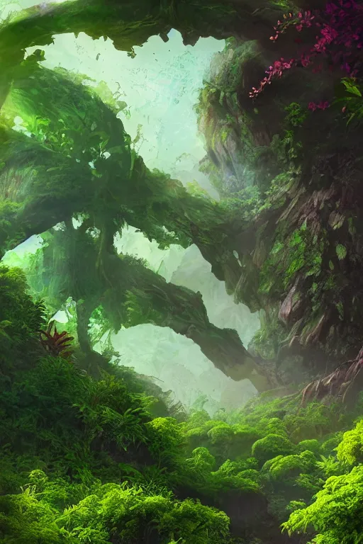 Prompt: beautiful lush green plants flowers exotic alien planet, digital painting, matte painting, small details