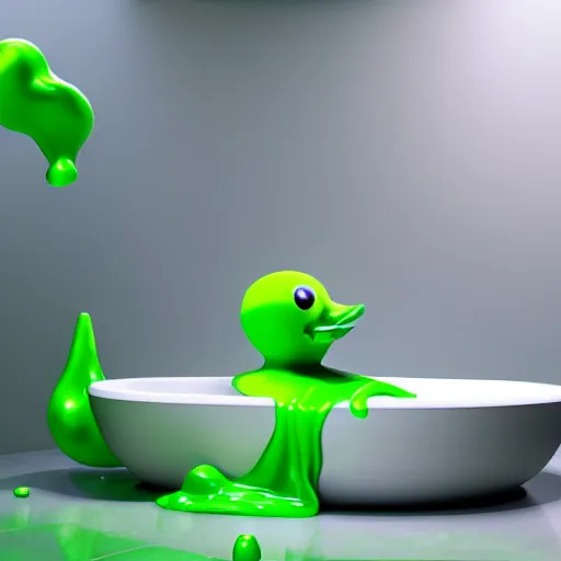 Prompt: rubber duck made of green slime melting on a bathroom, octane render, unreal engine 5, excellent composition, trending on artstation, million of likes, ray tracing, cinematic lighting