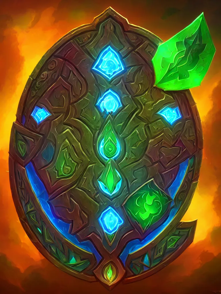 Image similar to rectangle frame bright shield of warcraft blizzard shield art, a spiral colorful gems shield. bright art masterpiece artstation. tree and roots shield, 8 k, sharp high quality illustration in style of jose daniel cabrera pena and leonid kozienko, green colored theme, concept art by tooth wu, card frame