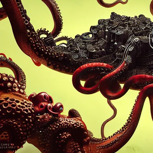 Image similar to Illustration of the Chinese communist party as a dirty octopus with lots of tentacles, dystopian, dirty, 3d shaded, cyberpunk, volumetric lighting, cgsociety, imax, highly detailed