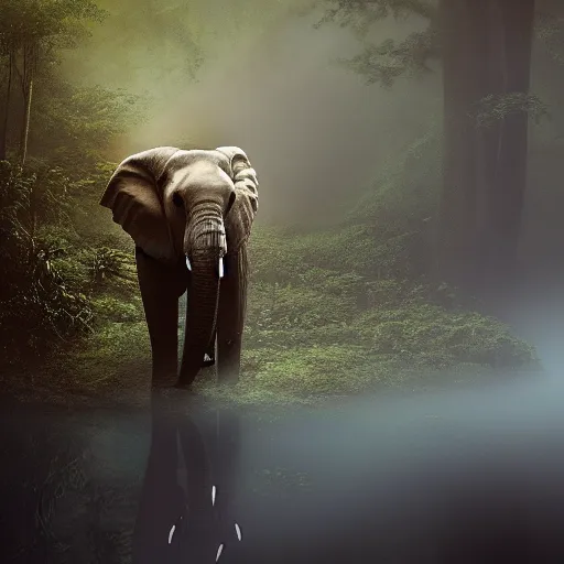 Image similar to an elephant octopus chimera, in a jungle with ominous light from above, ambient light, fog, river