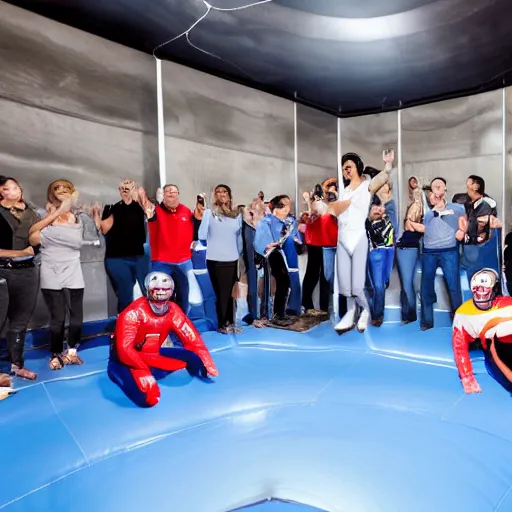 Image similar to photorealistic crowds of happy customers applauding to indoor skydiving instructor demo show in vertical wind tunnel facility tunneltech
