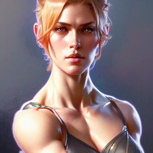 Prompt: muscular female with short hair, supermuscular upper body, D&D, fantasy, intricate, elegant, highly detailed, digital painting, artstation, concept art, smooth, sharp focus, illustration, art by artgerm and greg rutkowski and alphonse mucha