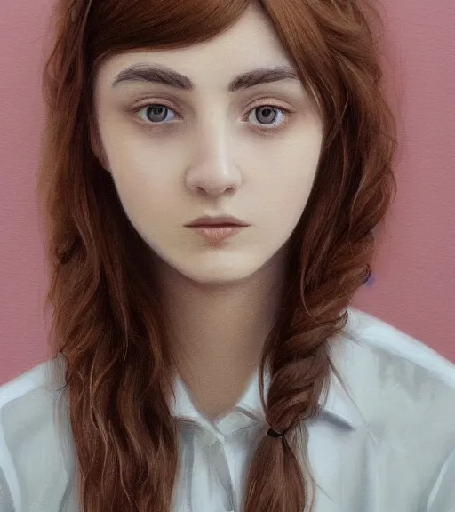 Prompt: https://s.mj.run/SVF9-OTU880 portrait of a welsh teenage girl with brown hair, glowing skin, delicate features, amelie poulain, fantasy, small mouth, quiet beauty, intricate, elegant, dress shirt, highly detailed, digital painting, artstation, concept art, smooth, sharp focus, illustration, art by Krenz Cushart and Artem Demura and alphonse mucha
