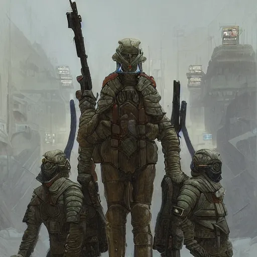 Image similar to portrait of futuristic soldiers squad on the art deco streets of the undying empire city of ya - sattra during the festival of masks, snow, winter, award - winning realistic sci - fi concept art by beksinski, bruegel, greg rutkowski, alphonse mucha, and yoshitaka amano