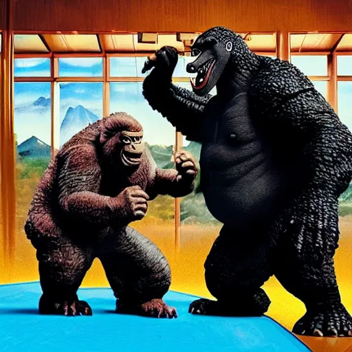 Image similar to godzilla and kong playing uno