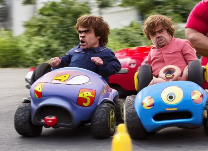 Image similar to peter dinklage racing gary coleman driving a little tikes cars, movie still, from the new fast and furious movie, 8 k, realistic