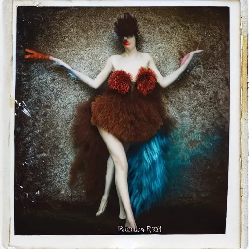 Image similar to damaged kodak portra 4 0 0, wetplate, photo of a surreal artsy dream scene,, very beautiful model, weird fashion, grotesque, extravagant dress, strange pose, carneval, with an animal, wtf, photographed by paolo roversi style