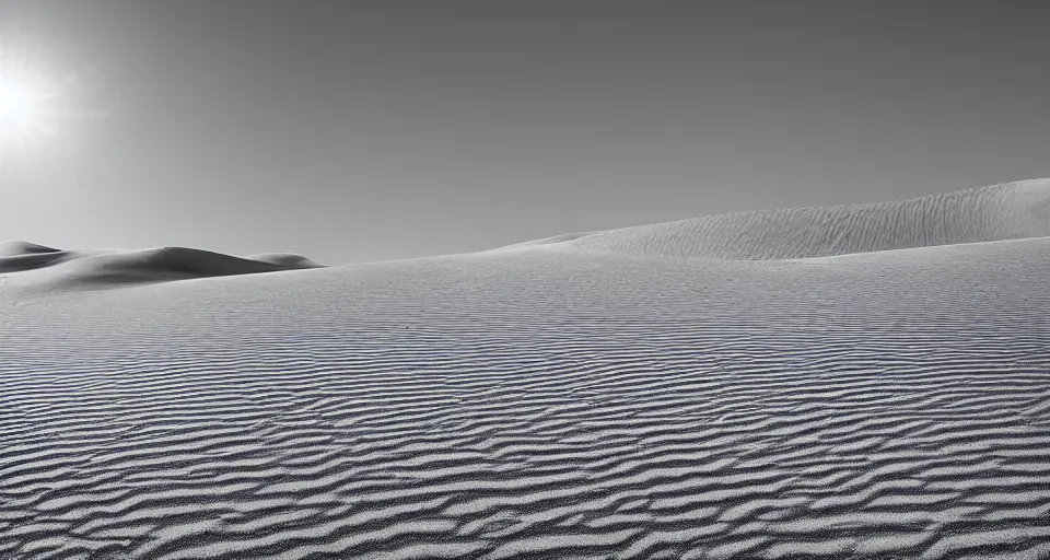 Image similar to the desert is cold that morning as the rough dirt transitions unnaturally to sand. as the light rises the edges of the dunes glow blueish, the sunlight twisted and refracted.