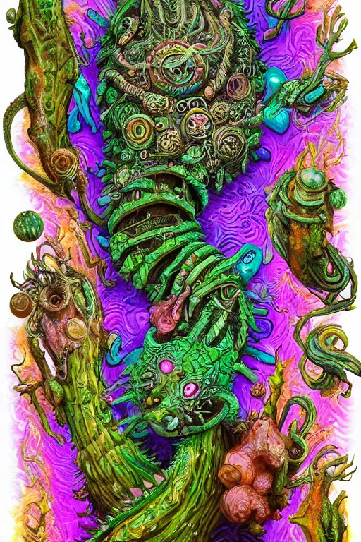 Image similar to creature sushi roots cactus elemental flush of force nature micro world fluo light deepdream a wild amazing steampunk baroque ancient alien creature, intricate detail, colorful digital painting radiating a glowing aura global illumination ray tracing