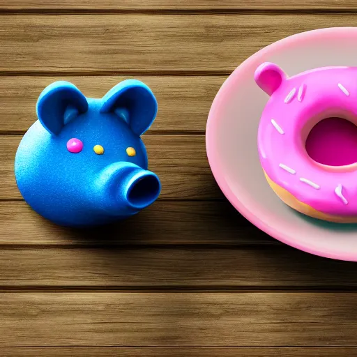 Image similar to pink coffee cup full of donuts, blue pig sitting in chair, ultra realistic, 8 k