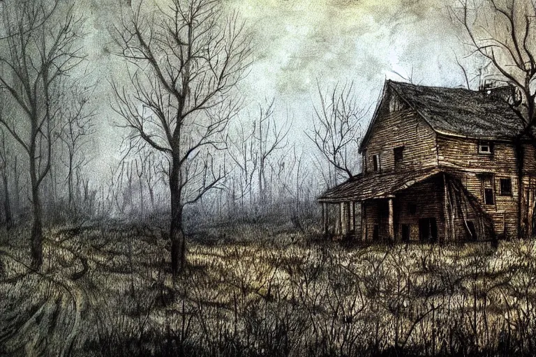 Image similar to mad horror painting of an old wooden house in the woods by ben templesmith