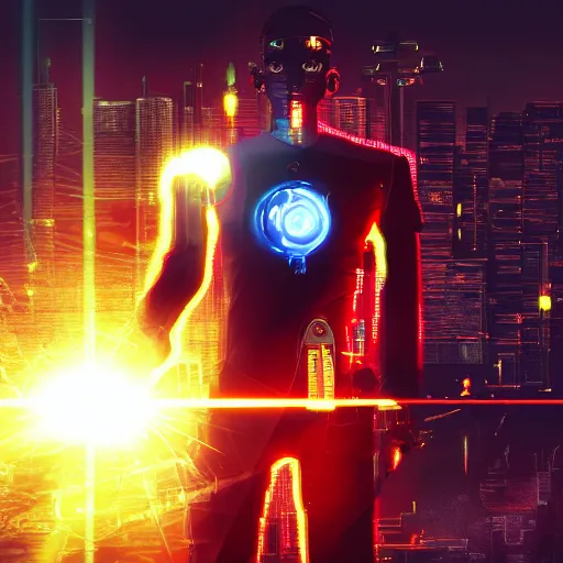 Image similar to cyberpunk man that is half a robot in half a human flesh his left eye is a red glowy eyes it's made of metal the man is holding a laser gun standing on a mountain the background is is a cyberpunk city the weather is raining