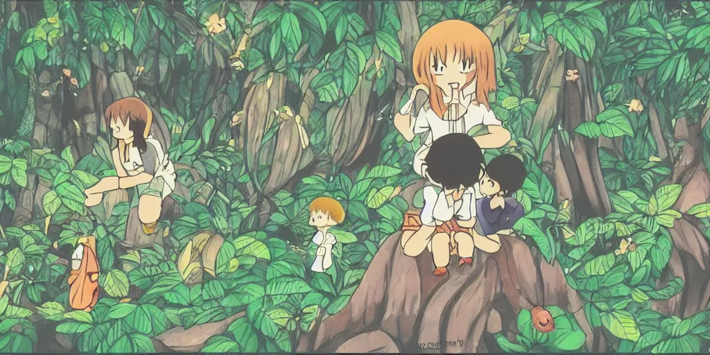 Image similar to cute spirits in a rainforest. studio ghibli art style