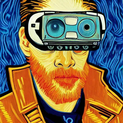 Image similar to Illustrated by Shepard Fairey and Greg Rutkpwski | Portrait of a Cyberpunk Van Gogh with VR helmet, surrounded by cables