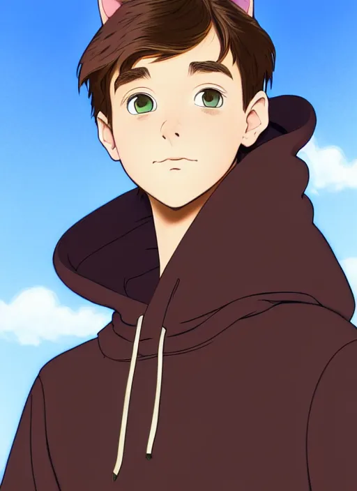 Image similar to teen boy with brown hair and big blue eyes, wearing a black hoodie with cat ears on top of it, natural lighting, path traced, highly detailed, high quality, cartoon, digital painting, by don bluth and ross tran and studio ghibli and alphonse mucha