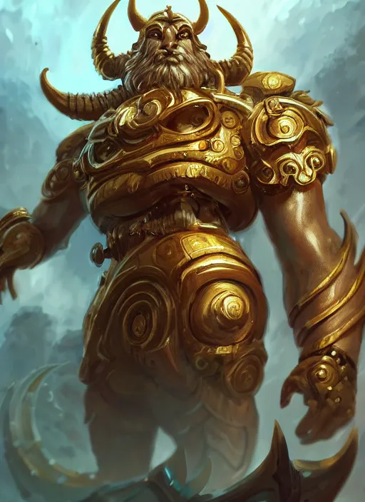 Image similar to a highly detailed illustration of gentle colossal golden horned greek mechanical giant, with cute doting eyes, intricate, elegant, highly detailed, centered, digital painting, artstation, concept art, smooth, sharp focus, league of legends concept art, wlop.