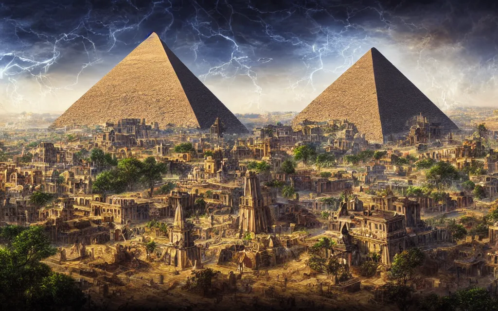 Prompt: landscape view of a tremendously advanced old world city centered around a mystical & monolithic metalic pyramid, centered with etheric energy harvesting giving limitless energy and profound technology performing magical miracles in abundance, highly intricate, digital art, very elegant, hdr 8 k, biblical art, realism, incomprehensible yet perspicious detail