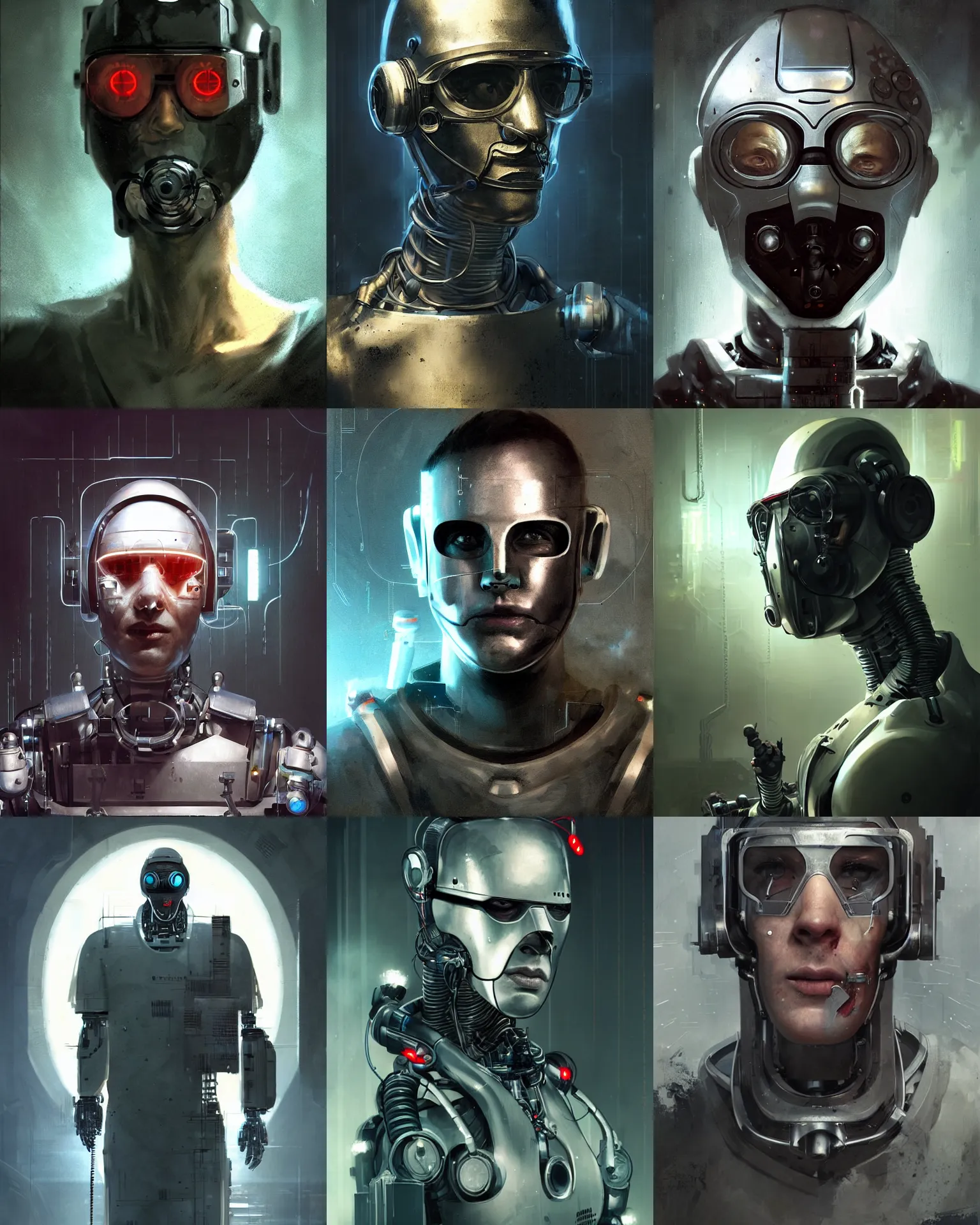 Prompt: a masked laboratory technician man with cybernetic enhancements seen from a distance, scifi character portrait by greg rutkowski, craig mullins, 1 / 4 headshot, cinematic lighting, dystopian scifi outfit, mechanical, cyborg, half robot