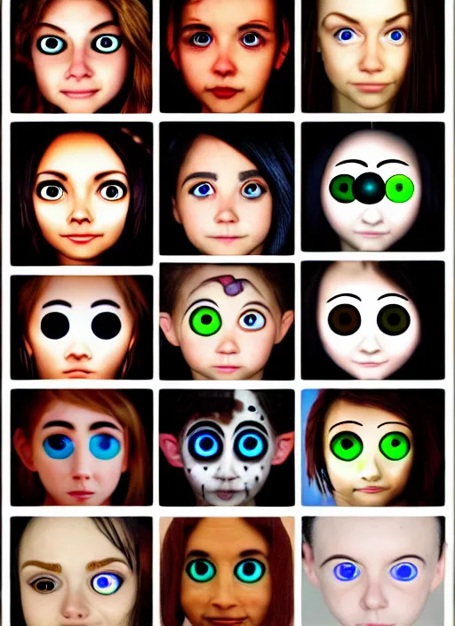 Image similar to diverse eyes!, dot pupils, round pupil, happy human eyes, round iris, advanced art, art styles mix, from wikipedia, grid of styles, various eye shapes