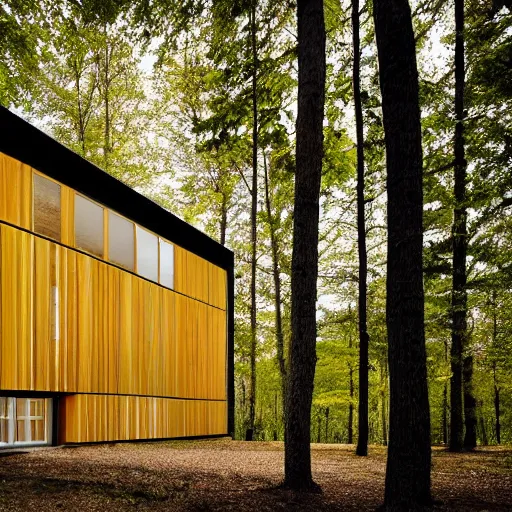 Prompt: architecture ad for a mid-century modern house in the middle of the wood designed by bjarke ingels. grain, cinematic, colorized, yellow hue.