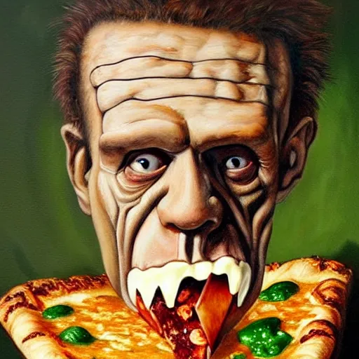 Prompt: hyper realistic painting of frankenstein eating a slice of pizza with his mouth wide open