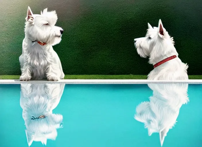 Image similar to west highland white terrier sitting by a pool, bright, reflections, intricate, sharp focus, lens flare, bloom, illustration, highly detailed, digital painting, concept art, matte, art by ruan jia and wlop and greg rutkowski, masterpiece