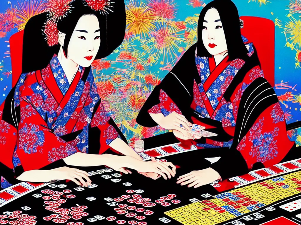 Image similar to hyperrealistic composition of the detailed woman in a japanese kimono sitting at a extremely detailed poker table with detailed darth vader, fireworks, mount fuji on the background, pop - art style, jacky tsai style, andy warhol style, acrylic on canvas