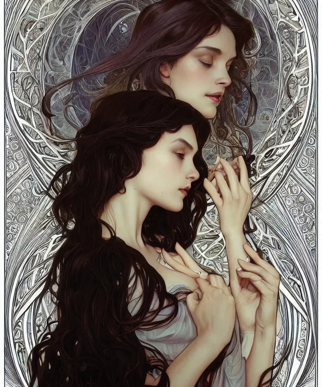 Image similar to beatiful woman looking at her self in a mirror and is seeing an angelic version of her self, dark surrealism , scifi, intricate, elegant, highly detailed, artstation, concept art, smooth, sharp focus, illustration, art by artgerm and moebius and alphonse mucha